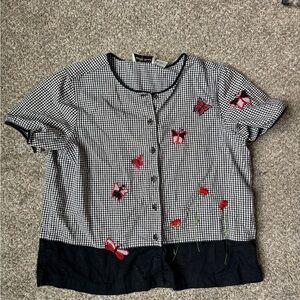 Gingham Button-Up Top with Red Butterfly Embroidery